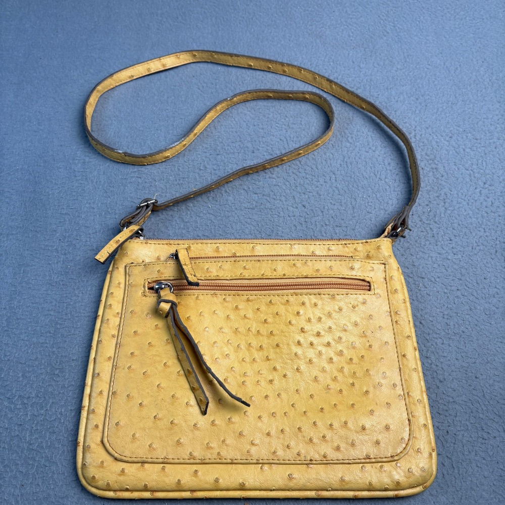 Merona Mustard Yellow Faux Ostrich Embossed Crossbody Bag Slim Zip Messenger